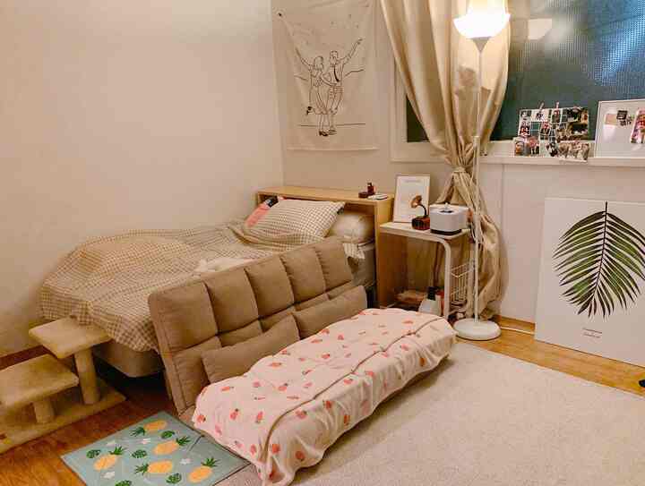 Beige and brown toned small bedroom featuring sofa bed and cat stairs, creating a cozy space