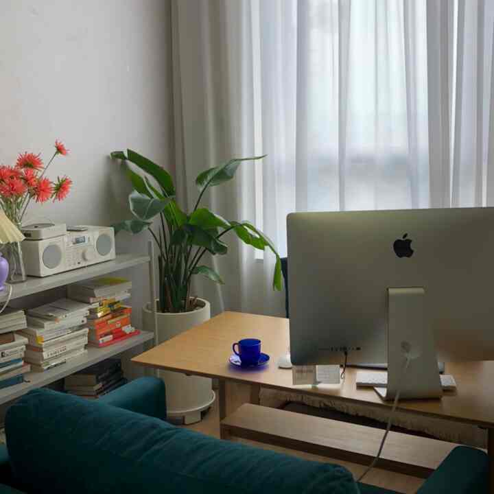 A cozy home office space with dominant white and wood tones, featuring a large window, dining table, bookshelf, and green plants
