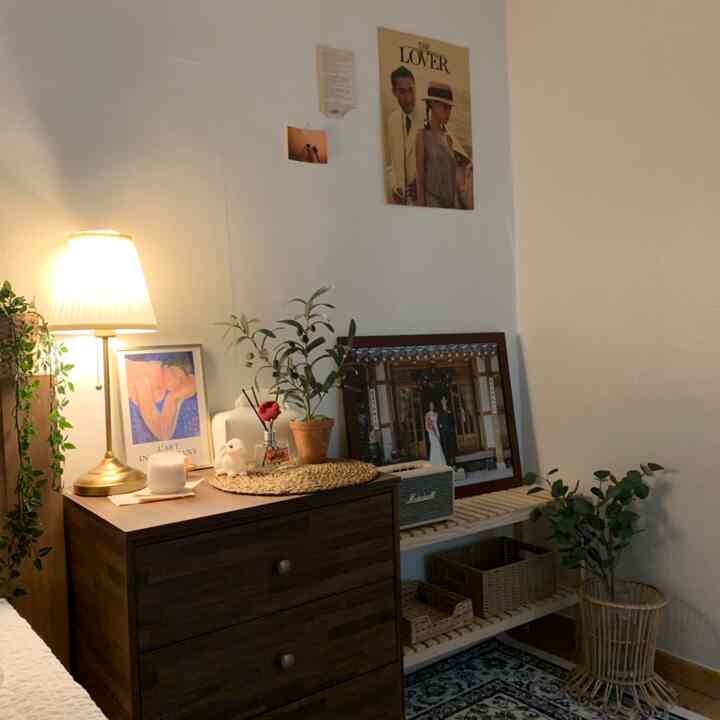 Warm natural-toned bedroom with lighting, plants, and picture frames creating cozy atmosphere