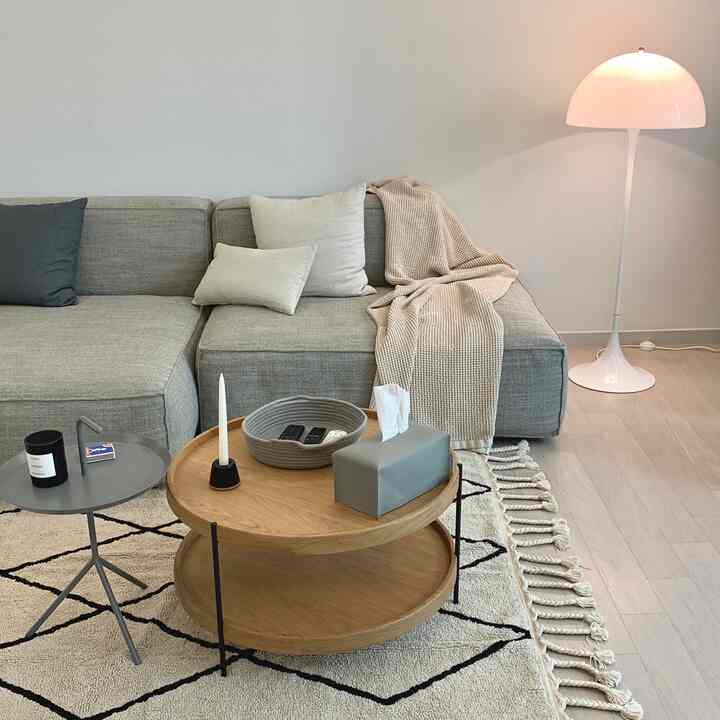 Modern and natural Nordic living room with a gray sofa, beige geometric rug, wooden coffee table, and white floor lamp in a clean, cozy setting