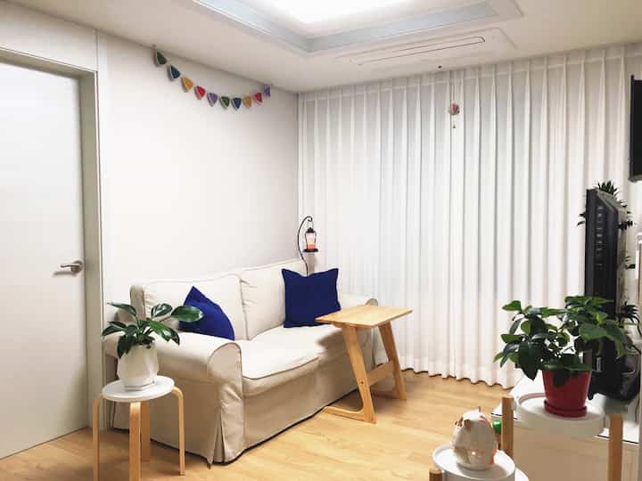 Bright white and wood tone living room featuring a white sofa with navy cushions and green plants, creating a simple and natural atmosphere