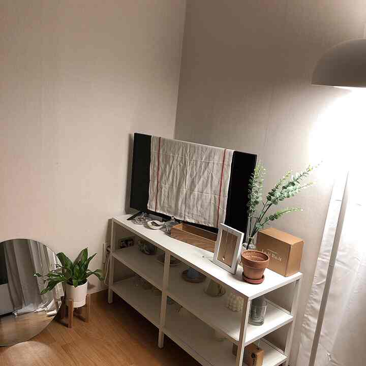 White and brown toned living room featuring a round mirror, TV stand, and plants with a simple, natural atmosphere