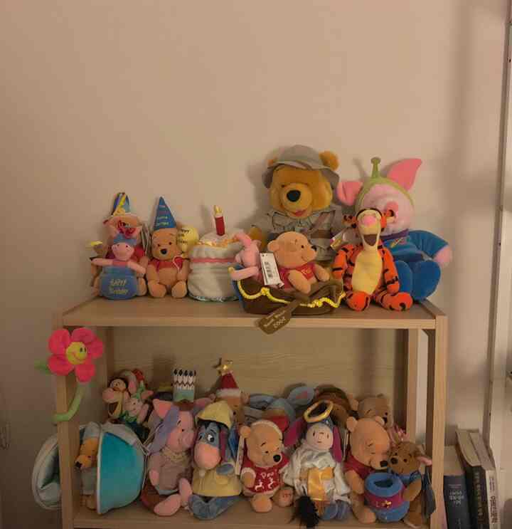 ナチュラルな色調の木製棚にカラフルなクマやブタのぬいぐるみがたくさん並ぶ子供部屋のおもちゃ収納