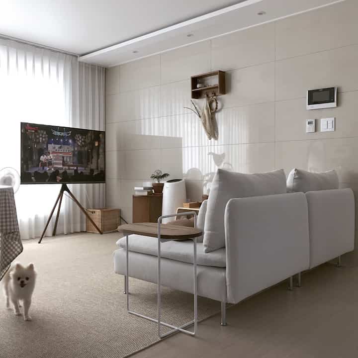 Natural beige-toned living room featuring white sofa and sisal-look rug creating a cozy, dog-friendly atmosphere