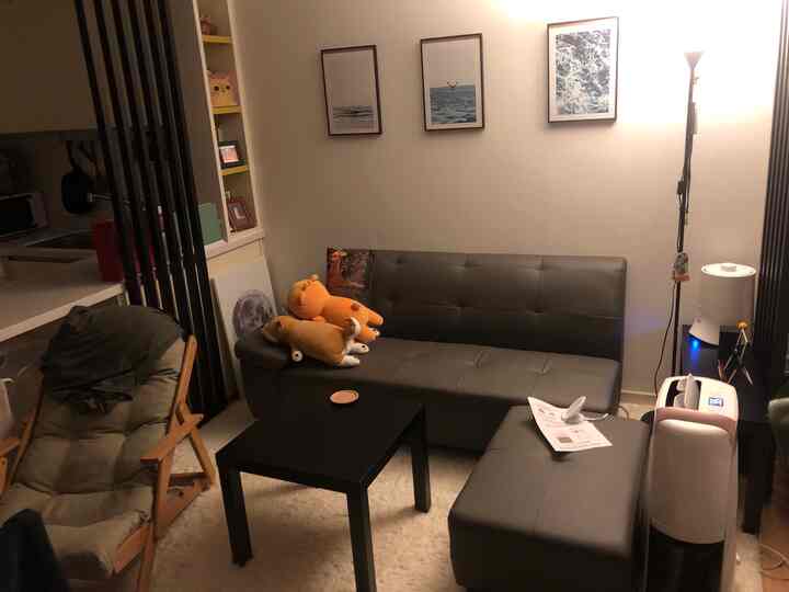 Brown and gray toned two-person living space featuring a sofa and armchair with picture frames on the wall creating a cozy atmosphere