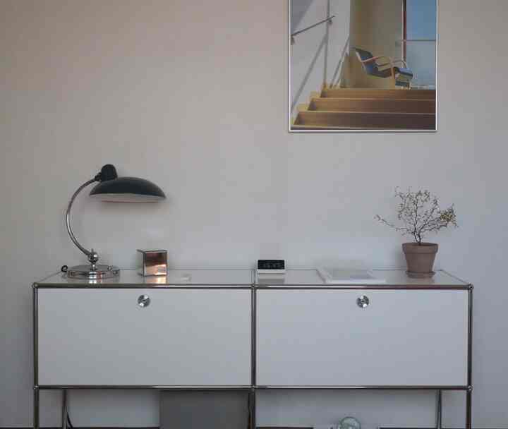 White-toned minimal living room featuring USM storage cabinet and plant with a simple interior design