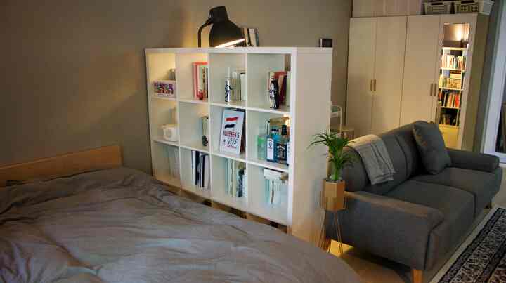 Beige and gray toned bedroom and living room with bookshelf and sofa arranged in a cozy, functional interior