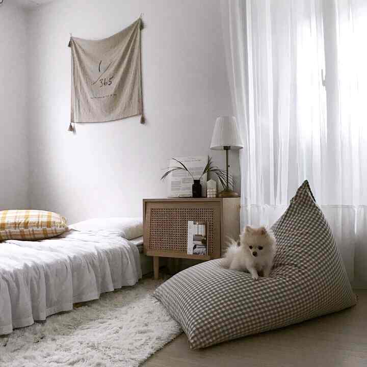 Cozy bedroom with white and beige tones, featuring a dog resting on a checkered bean bag beside a bed with soft bedding