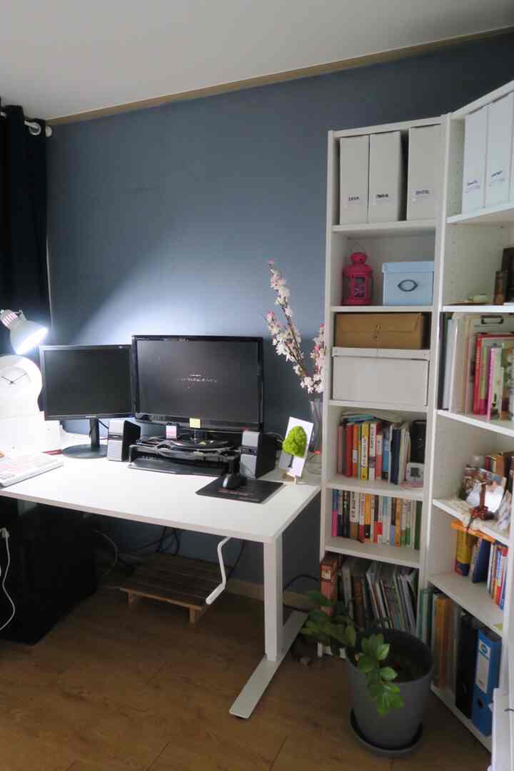 White desk and bookshelf against a blue wall in a home office space, exhibiting a neat study atmosphere