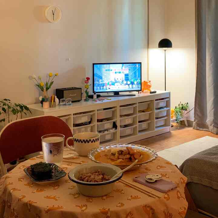 白と茶色のトーンのダイニングルーム、食卓とテレビ台が配置された雰囲気のある空間