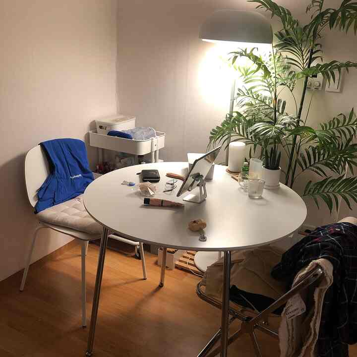 White and wood tone two-person household featuring round table, chairs, lighting, and plants in a natural atmosphere