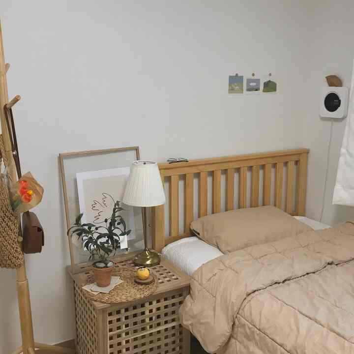 Beige-toned bedroom space featuring a wood bed frame and nightstand with a cozy natural interior vibe