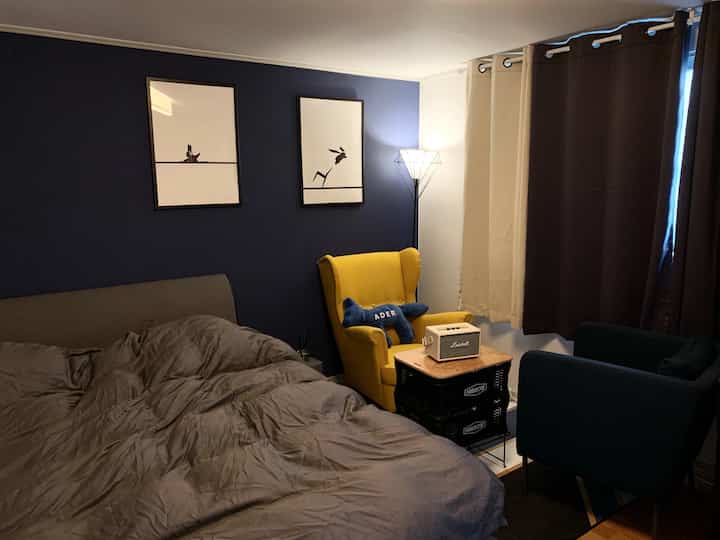 A 6-pyeong bedroom dominated by navy blue walls and a mustard accent wing chair, featuring two armchairs and blackout curtains creating a cozy atmosphere