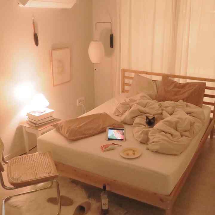 A cozy studio bedroom in calm beige tones featuring a wooden bed with beige bedding and muted orange checkered pillows, natural vibe