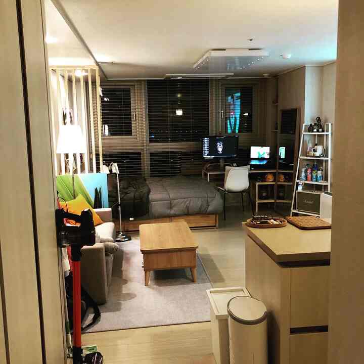 Wood tone, white, and gray studio apartment living and bedroom area with sofa and desk arranged in a modern natural style