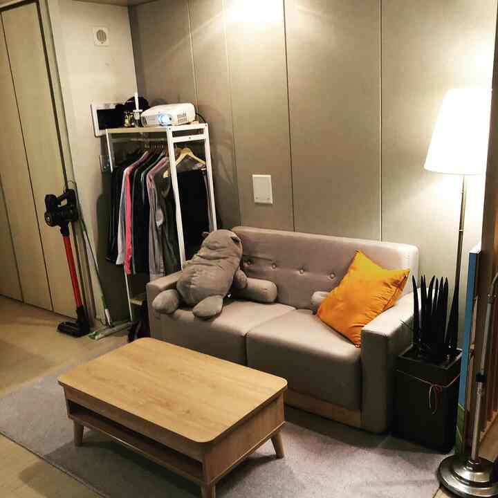Cozy small living room with natural wood tones and gray sofa featuring a coffee table and floor lamp