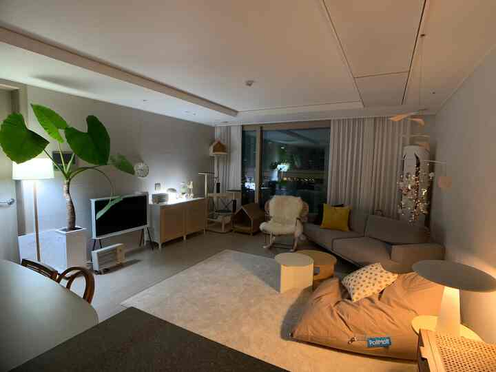 暖かいベージュとグレーの色調のリビング、ビーンバッグとコーナーソファ、キャットタワーが配置された雰囲気のあるインテリアスペース