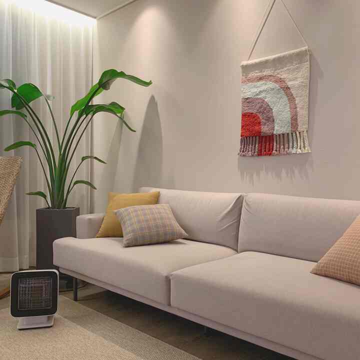 A soft beige-toned living room featuring a large sofa with cushions, wall hanging decoration, and a tall green plant creating a natural atmosphere