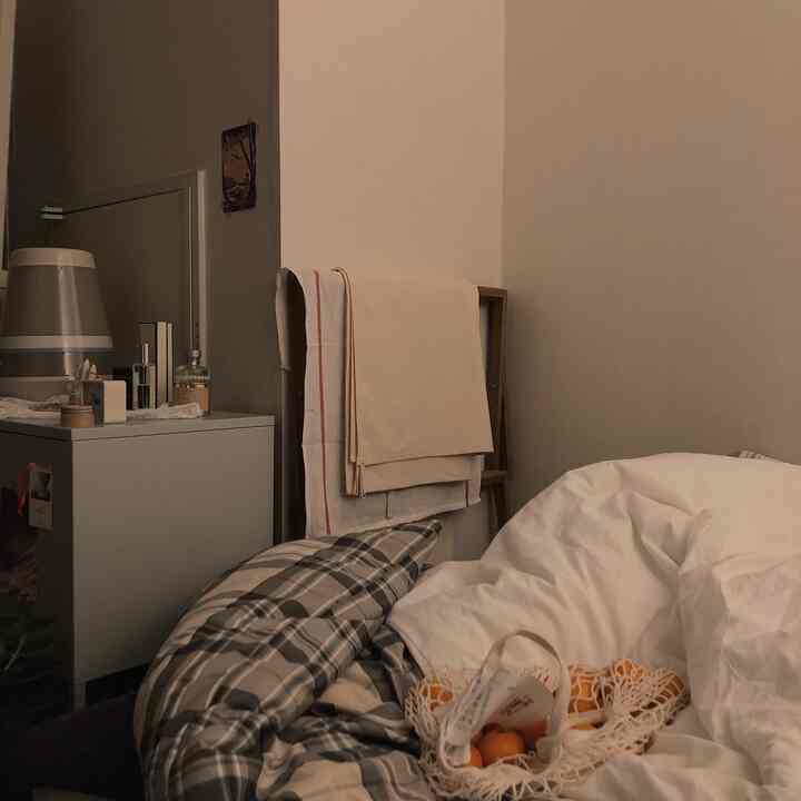 A natural-tone bedroom in beige and gray featuring white duvet cover and checkered cushions with a cozy atmosphere