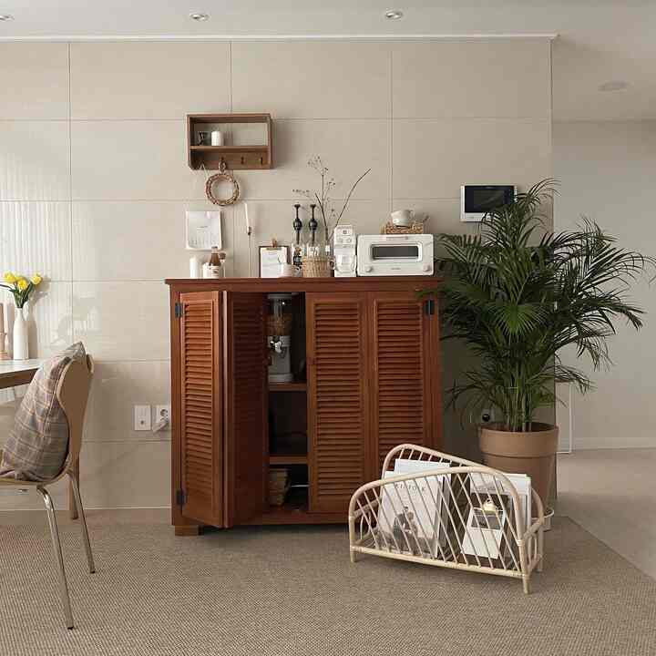 Natural style living room with beige walls and a brown wooden storage cabinet