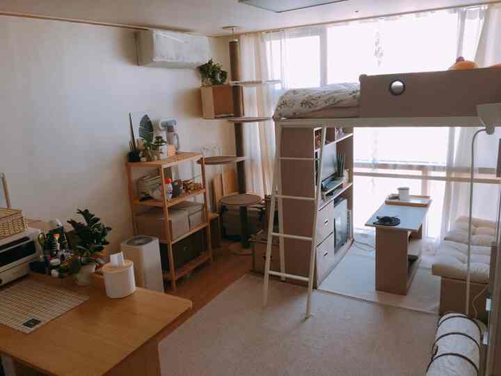 Natural-tone studio bedroom with wooden furniture and elevated bunker bed, featuring white sheer curtains and beige rug creating a cozy atmosphere