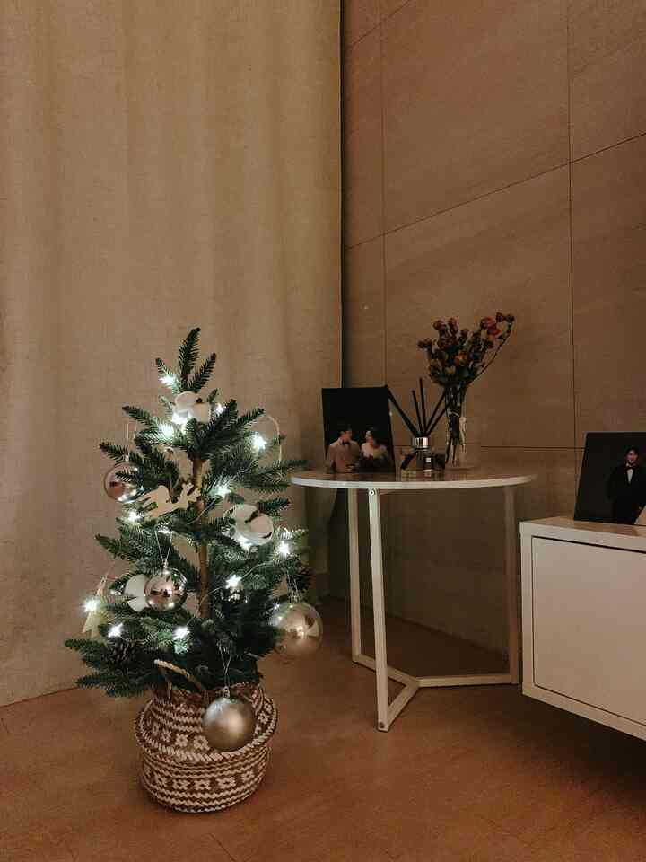 ナチュラルな色調のリビングコーナーにミニクリスマスツリーとホワイトのサイドテーブルが配置された温かみのある年末の雰囲気のあるインテリア