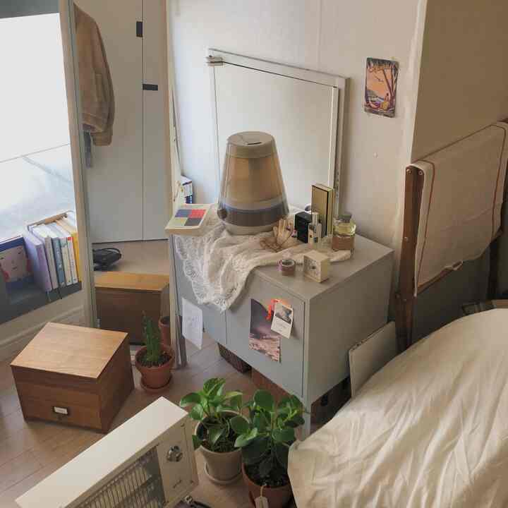 White and natural brown toned studio apartment featuring floor plants and a vanity, creating a cozy floor-living atmosphere