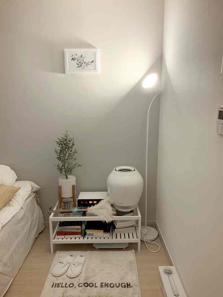 Natural-toned bedroom featuring a white floor lamp, wooden plant stand with greenery, creating a cozy and simple atmosphere