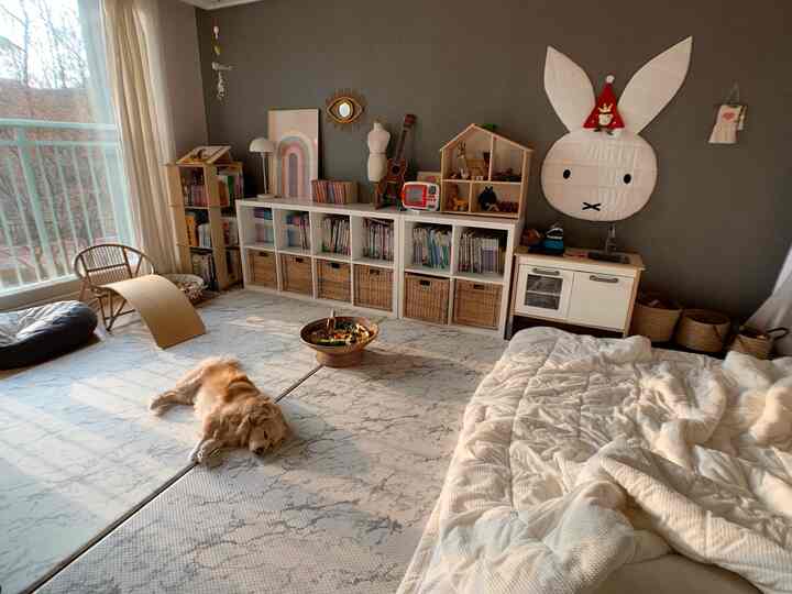 Natural-toned kids' room with large rug covering the floor, dog resting, bookshelf filled with children's books, and play kitchen for baby care
