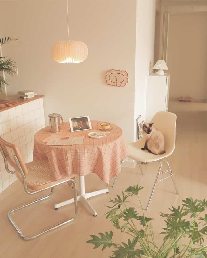 温かみのあるナチュラルなキッチン空間、ラタンチェアとモダンチェアを配した円形ダイニングテーブル、椅子に座る猫がいる雰囲気のあるホームカフェインテリア