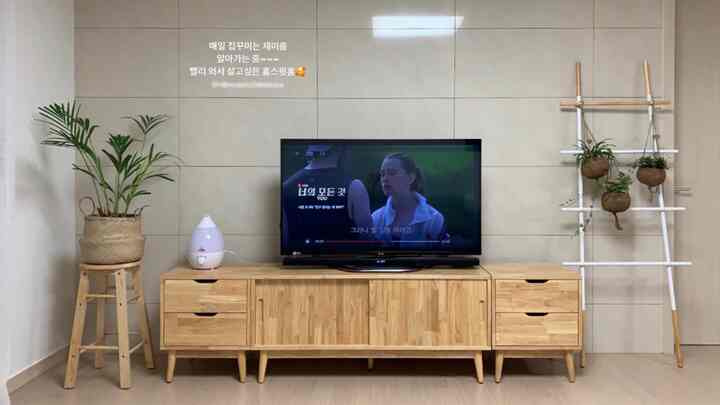 Natural tone living room with light beige and wood tones, featuring wooden TV stand, stool, and hanging plants creating a cozy ambiance