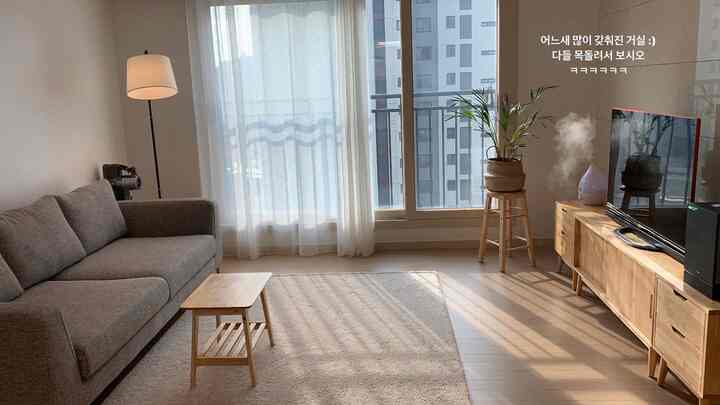 Sunlit living room featuring warm wood tones and natural style, with a cozy gray sofa and wooden TV stand arranged in a comfortable space
