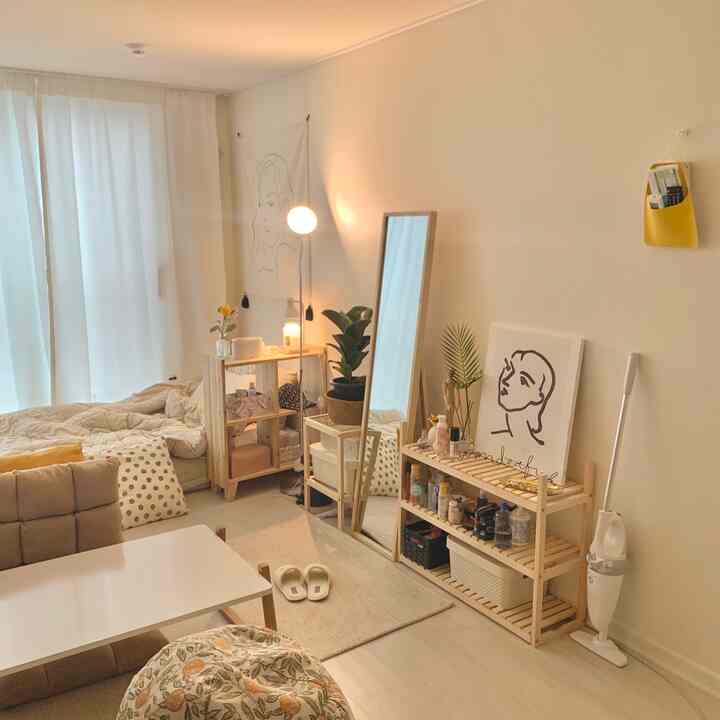 Natural tone living space with wood-tone furniture, cozy compact room suitable for a single household combining living and bedroom.