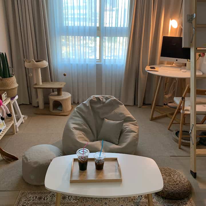 ベージュとホワイトの色調のリビング、中央に大きなビーズクッションとコーヒーテーブルがあり、左側にキャットタワーと植物が配置された自然で雰囲気のあるホームオフィス