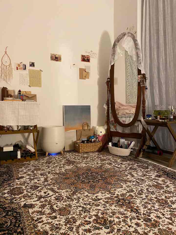 Beige and brown toned studio apartment featuring a vintage carpet, full-length mirror, and wooden furniture creating a cozy atmosphere
