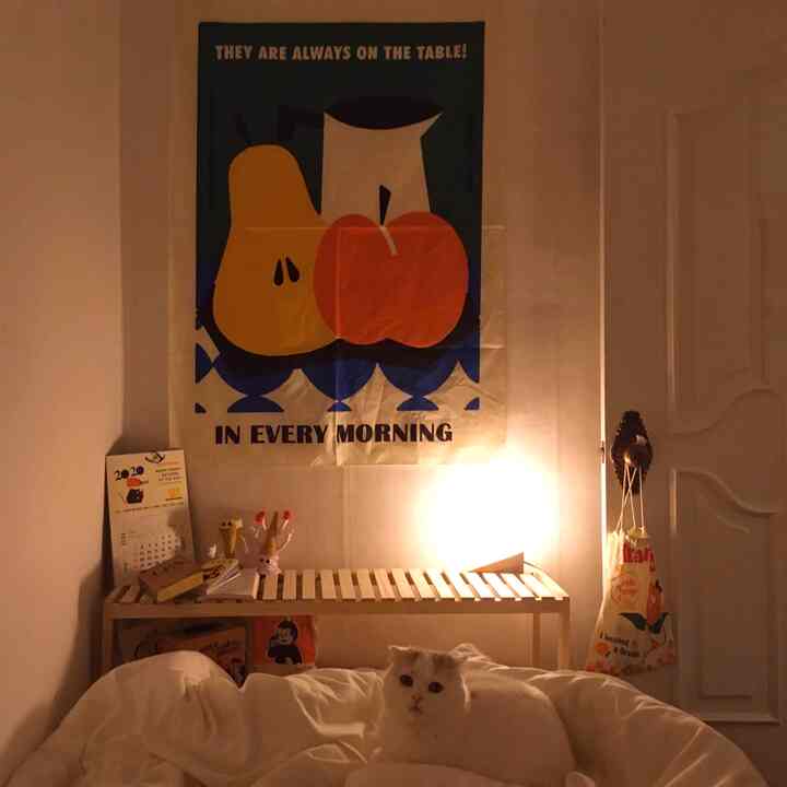 Warmly lit bedroom with wood tone shelf and white bedding, featuring a white cat sitting on the bed creating a cozy atmosphere