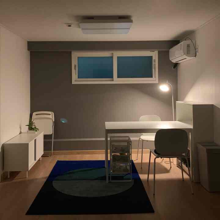 Compact living room in white and gray tones featuring minimalistic white furniture and a blue rug with a clean atmosphere