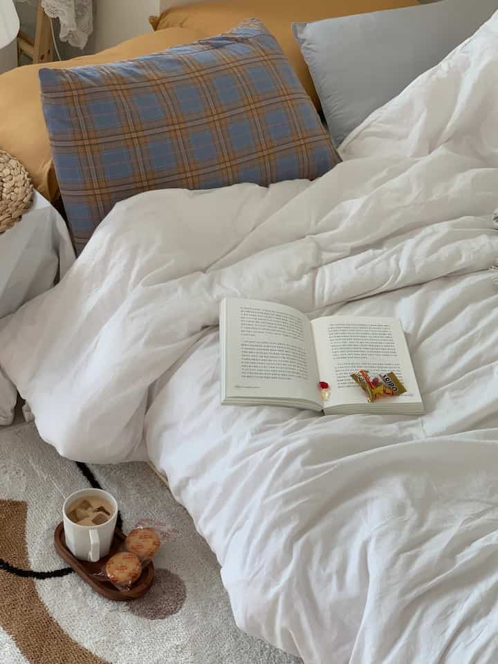 White and beige toned bedroom featuring cozy bedding and multiple pillows, creating a warm and inviting atmosphere