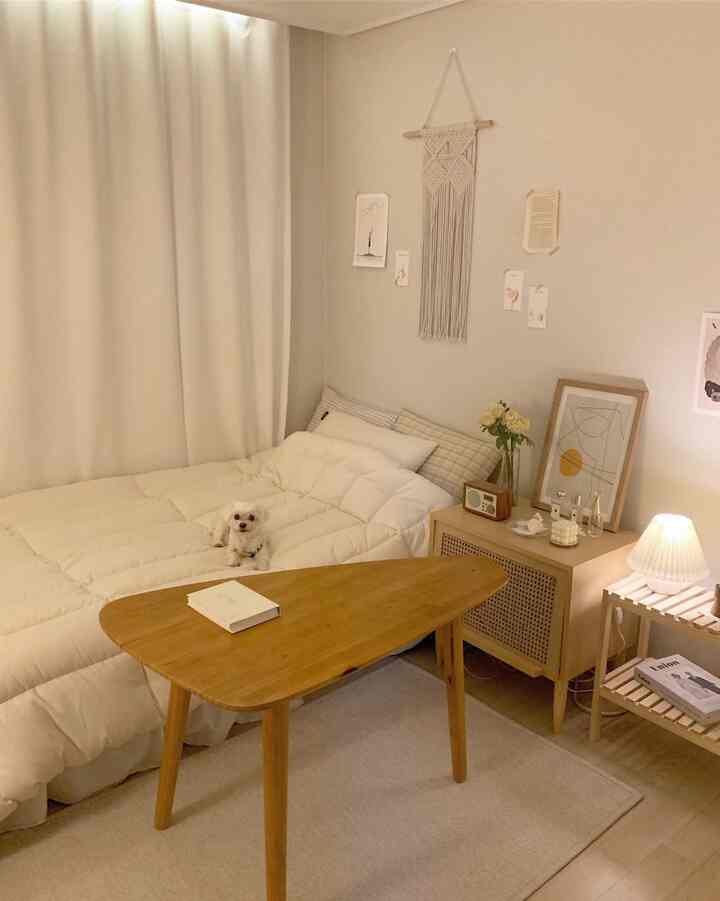 Cozy bedroom in white and wood tones featuring a dog on the bed with minimalist decor