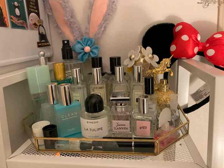 Cozy small space with white background featuring a gold-accented tray holding various perfume bottles