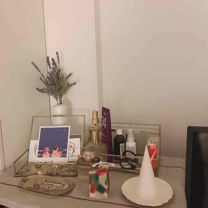 Beige-toned vanity surface featuring gold trays and lavender decorative bush with a natural ambiance