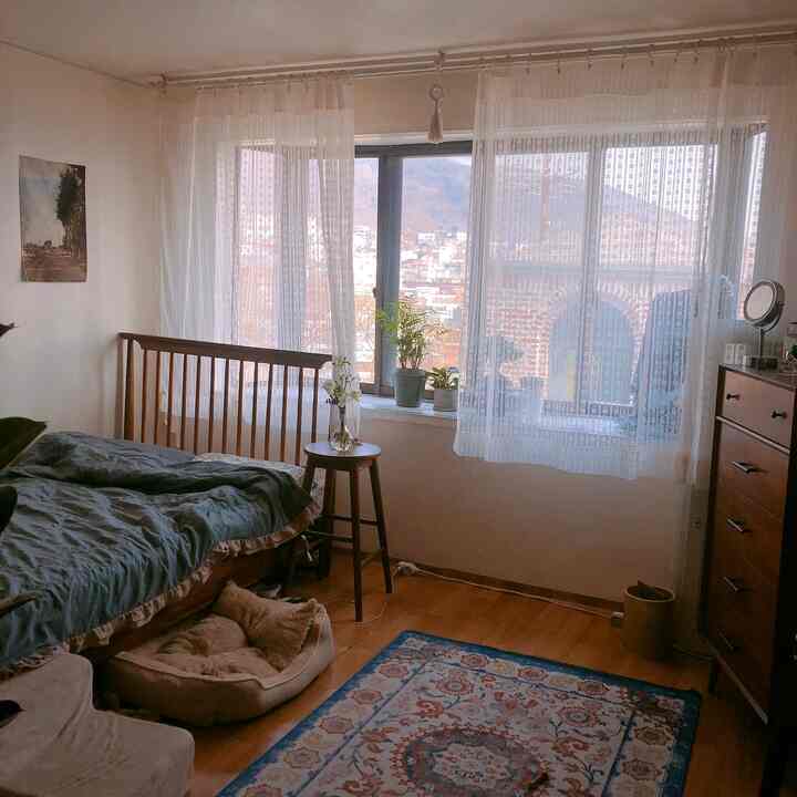 明るく暖かい木目調とヴィンテージ小物が調和した寝室、大きな窓にレースカーテン、ペット用ベッドが置かれた空間