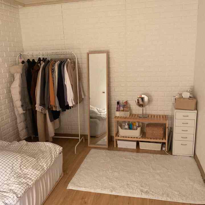 Cozy single household bedroom with white walls, wood tone floor, clothes rack, full-length mirror, and shelves