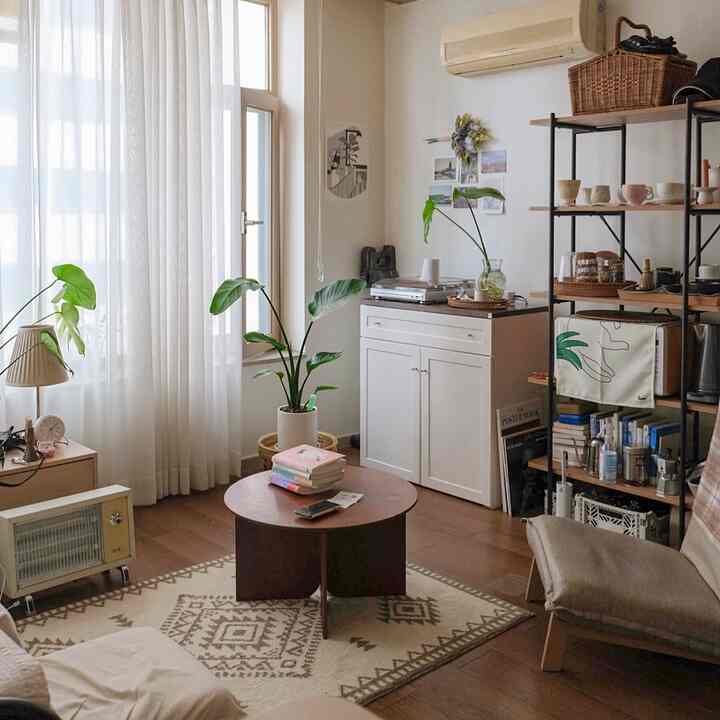 Natural-tone studio living room featuring wooden table and plants with a warm, cozy atmosphere