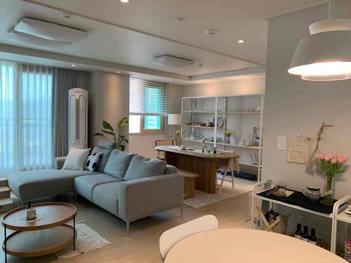 Natural-toned living and dining room featuring gray sofa and wooden dining table with modern cozy atmosphere