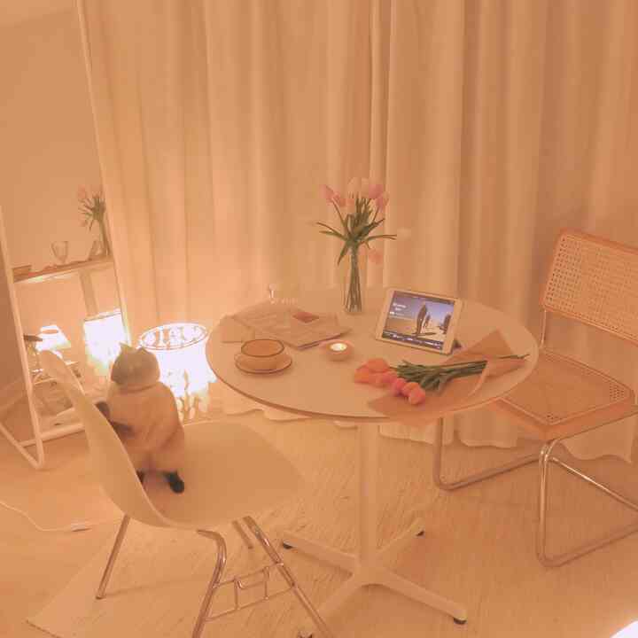 A cozy small room in soft white and beige tones featuring a round table with artificial flowers and a cat sitting on a chair