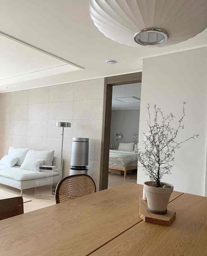 White and natural toned living and dining room featuring a wooden dining table, chairs, and visible bedroom with minimalist design