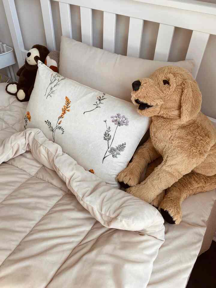 Beige and white toned bedroom featuring pillows and dog stuffed toy on cozy bedding