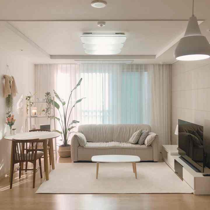 White-toned living room featuring beige sofa and wooden dining chairs with a cozy, natural atmosphere
