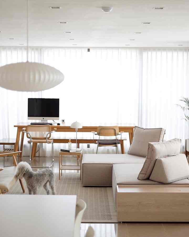 Bright ivory and natural wood tone living room featuring beige sectional sofa, wooden dining table, and a pet dog, creating a cozy atmosphere
